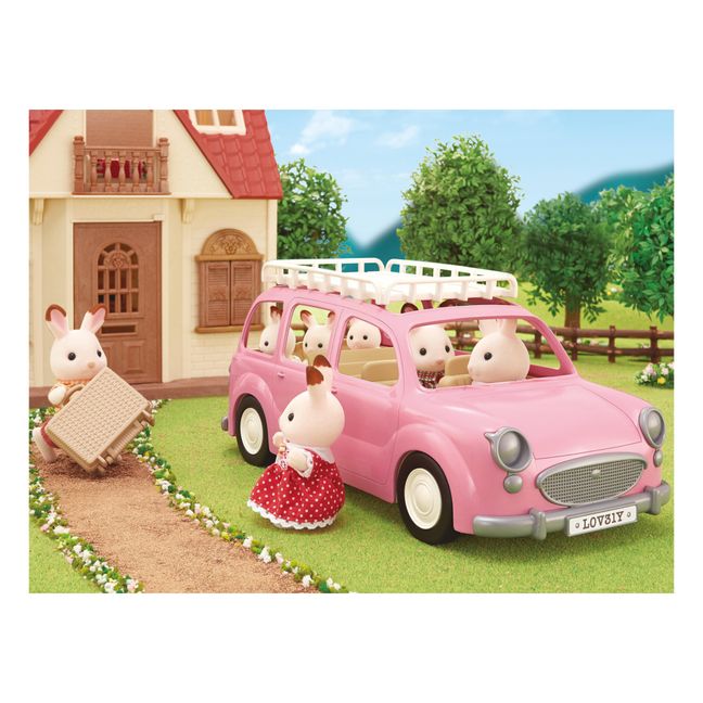 Der rosafarbene Minivan und Picknick-Set