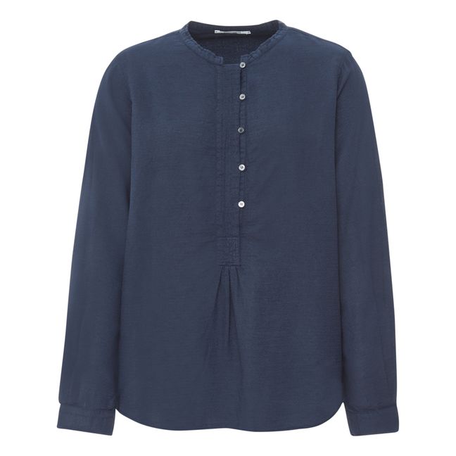 Cotton and Wool Buttoned Blouse  Navy blue
