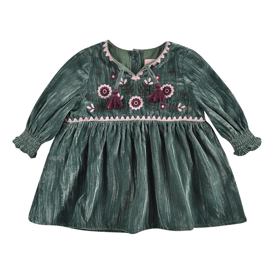 Louise Misha - Robe Velours Brodée Josette - Fille - Bleu Vert