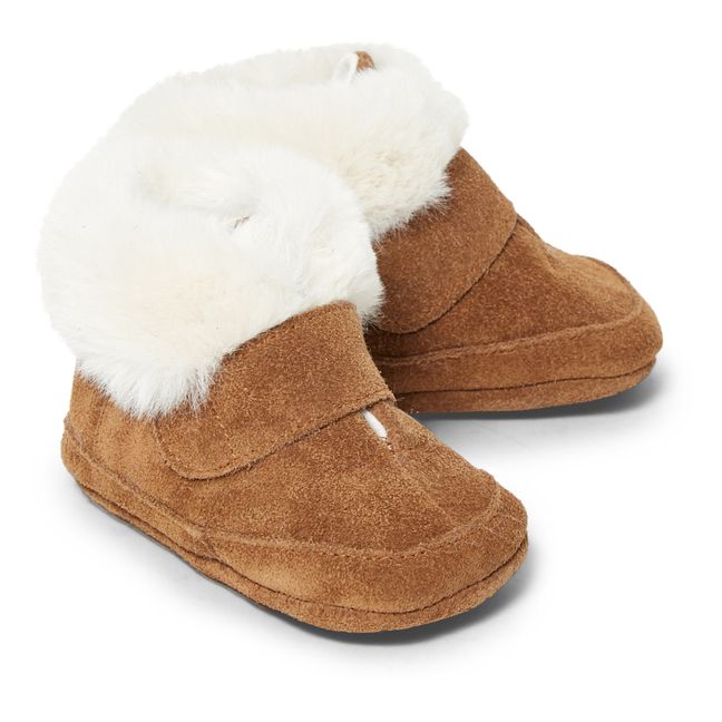 Fur-Lined Velcro Booties Taupe brown