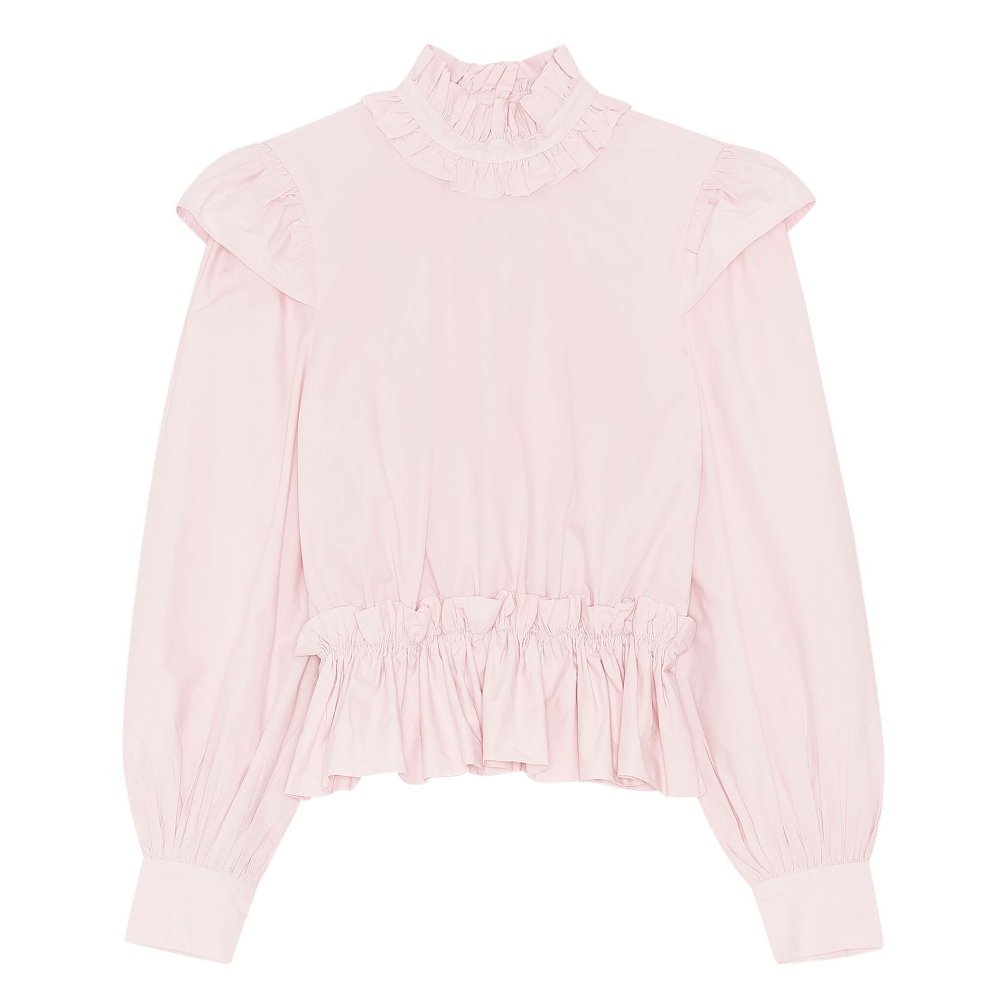 Ganni - Blouse à Volants Popeline de Coton Bio - Femme - Rose