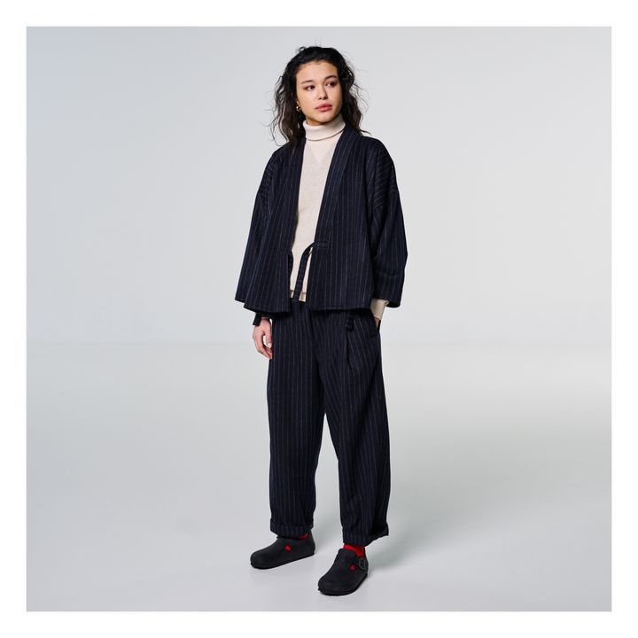 Kimono corto de lana a rayas | Azul Marino- Imagen del producto n°1