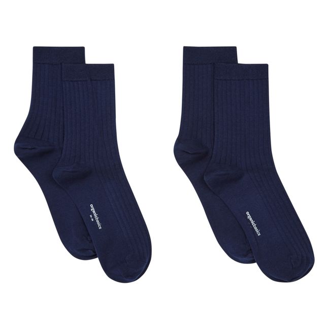 Set of 2 Pairs of Ribbed Organic Cotton Socks Navy blue