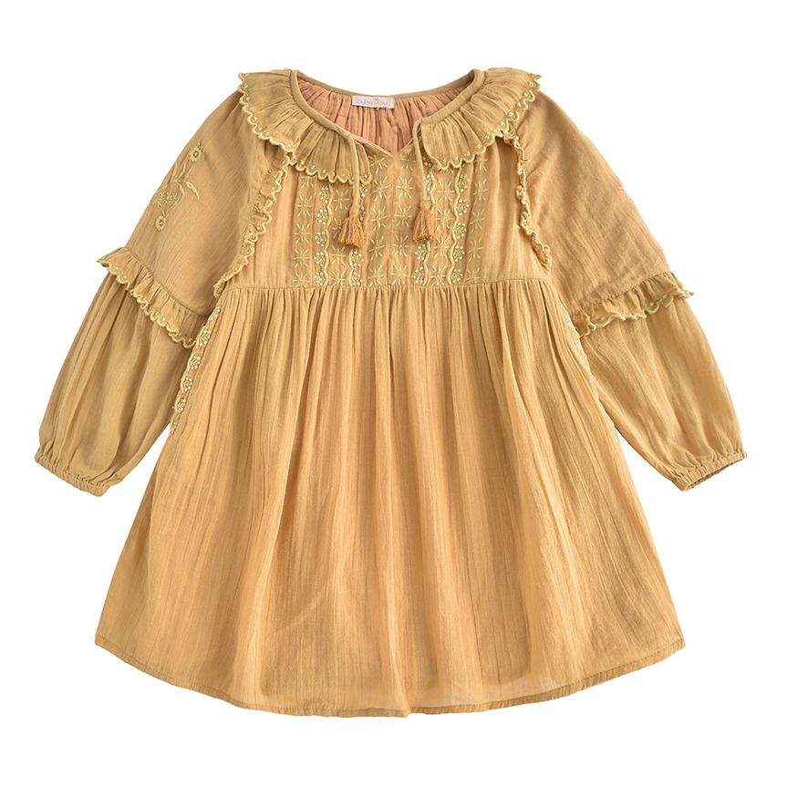 Louise Misha - Robe Coton Bio Brodée Bambina - Fille - Jaune moutarde