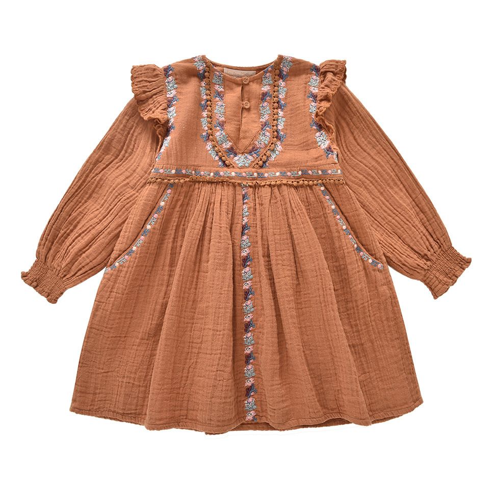 Louise Misha - Robe Gaze de Coton Bio Brodée Bianca - Fille - Camel
