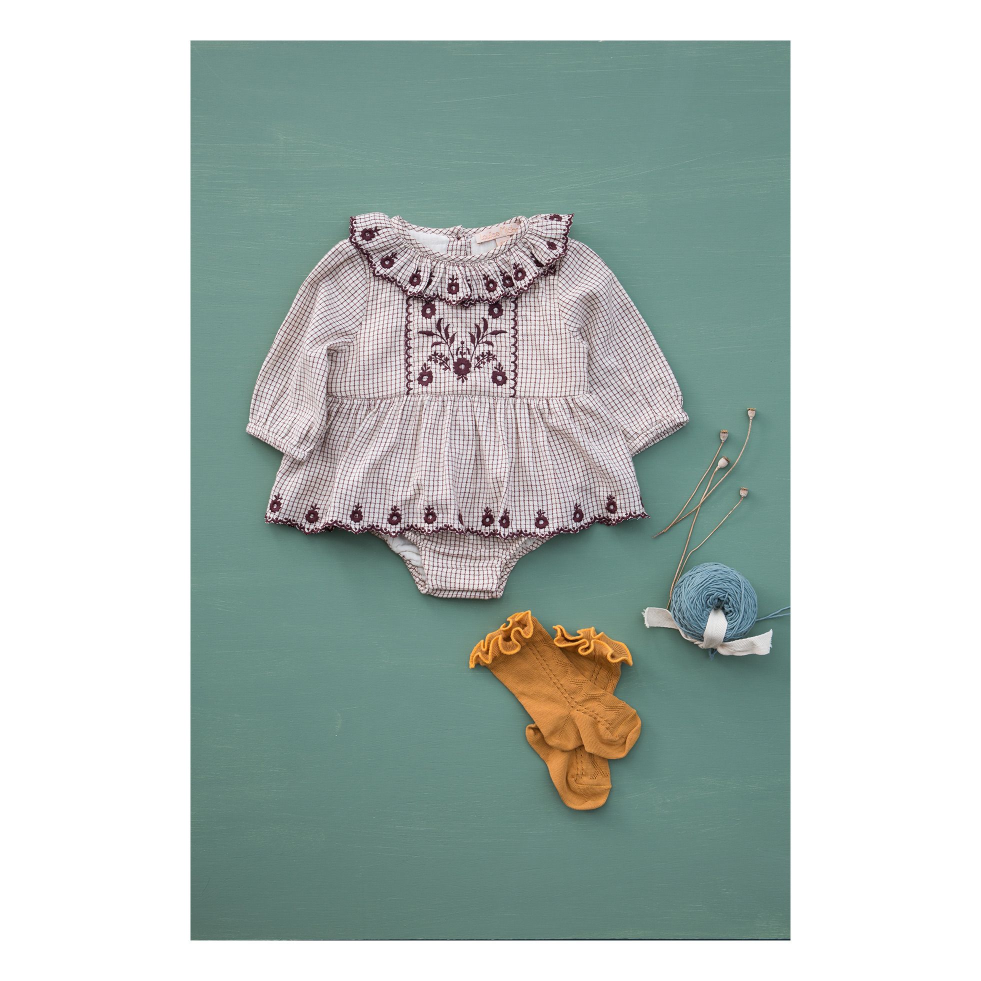 Ghilena Checked Organic  Cotton Babygrow Dress Ecru- Product image n°2