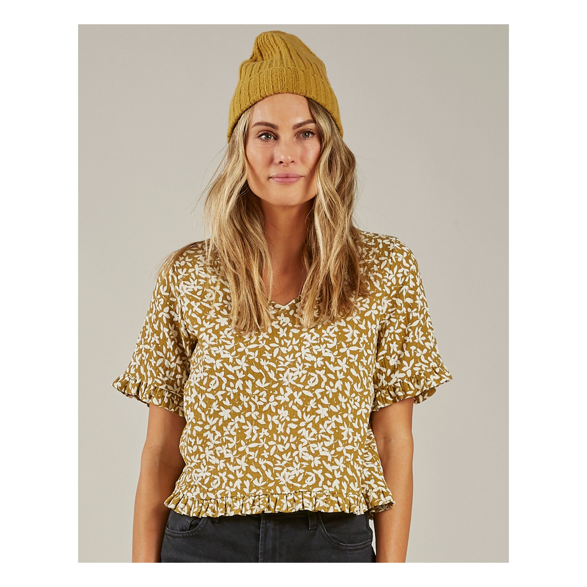 Rylee + Cru - Blouse Crêpe Fleurie -Collection Femme- - Jaune moutarde