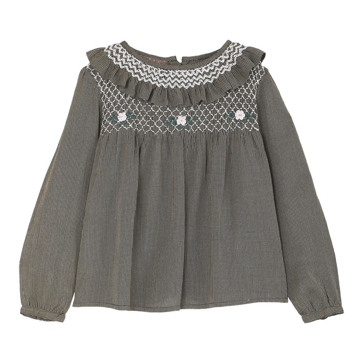 Emile et Ida - Blouse Pied de Puce Smockée Brodée - Fille - Gris