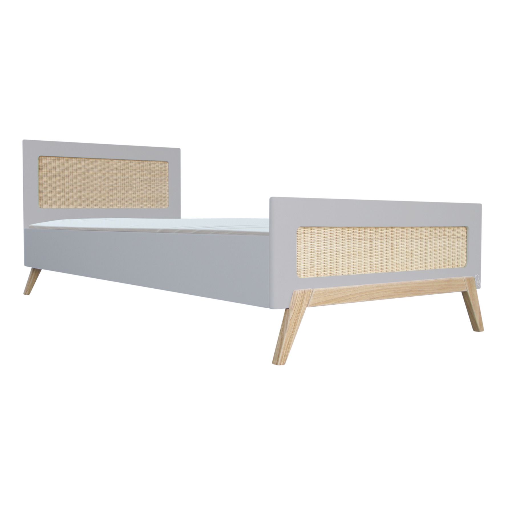 Théo - Lit junior Marelia cèdre et tressage rotin 90x200 cm - Gris clair