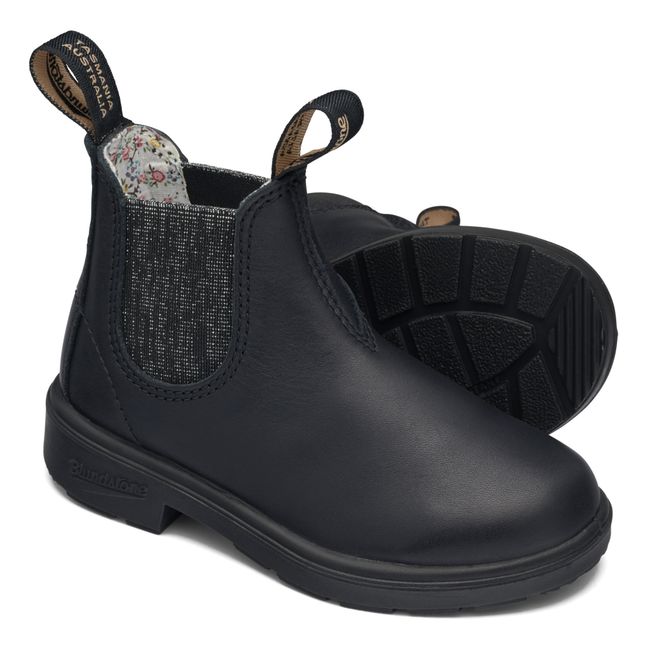 Silver Elastic Leather Chelsea Boots Black