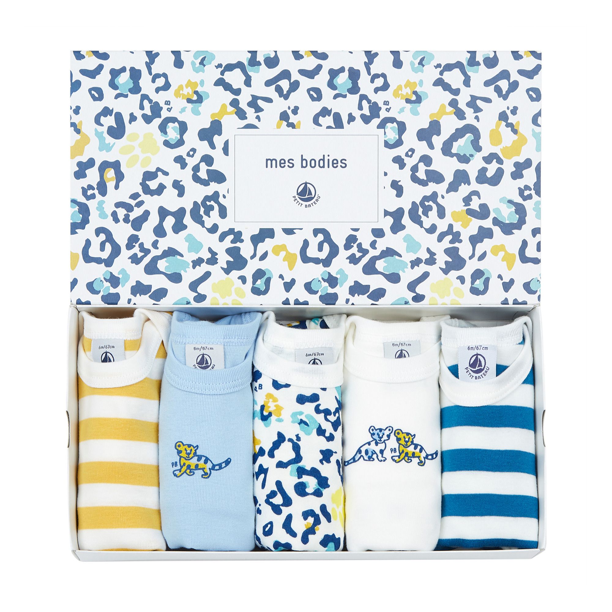 Petit Bateau - Lot 5 Bodies Léopard Coton Bio - Fille - Bleu