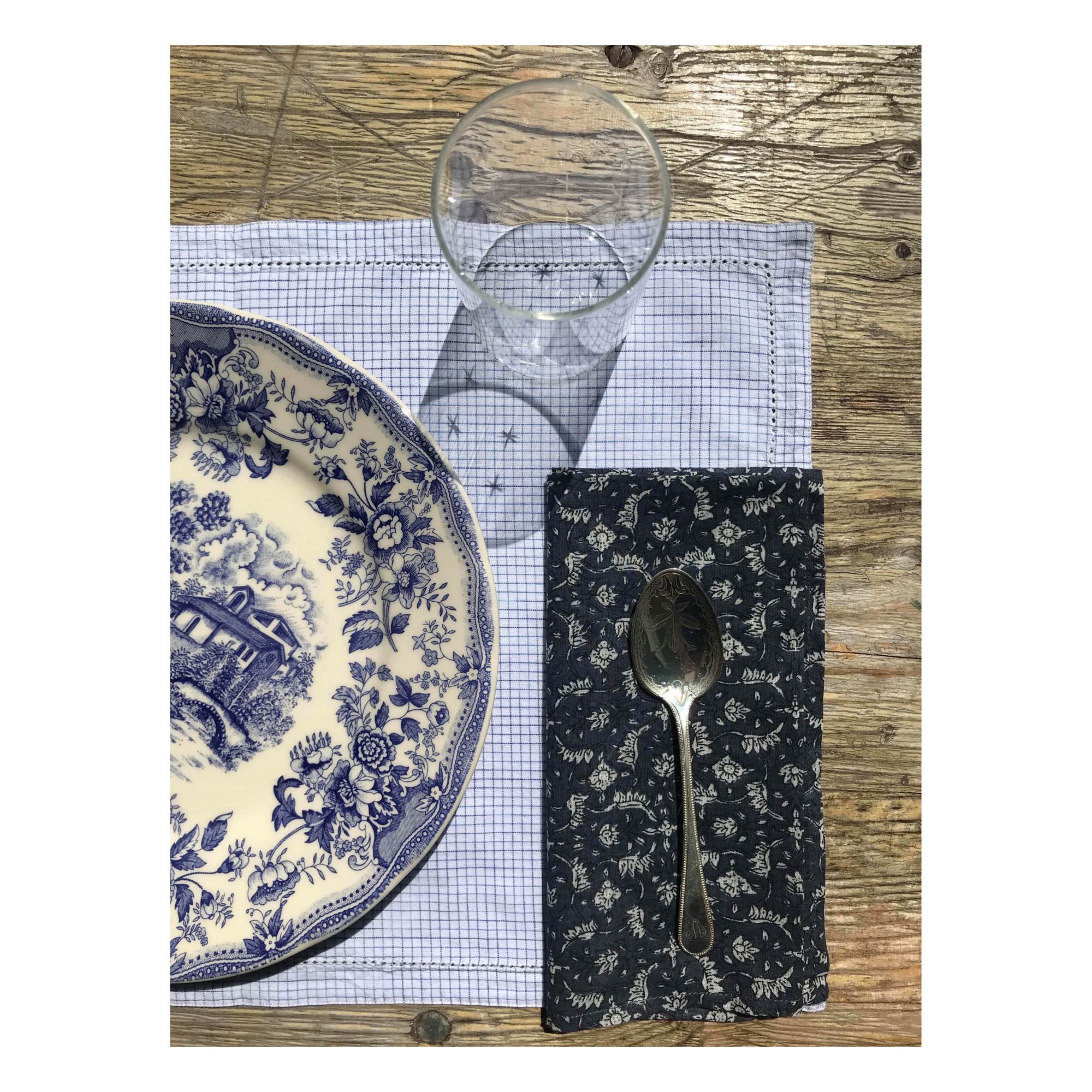 Scarlette Ateliers - Serviette de table Marge en coton imprimé main - Set de 8 - Bleu gris