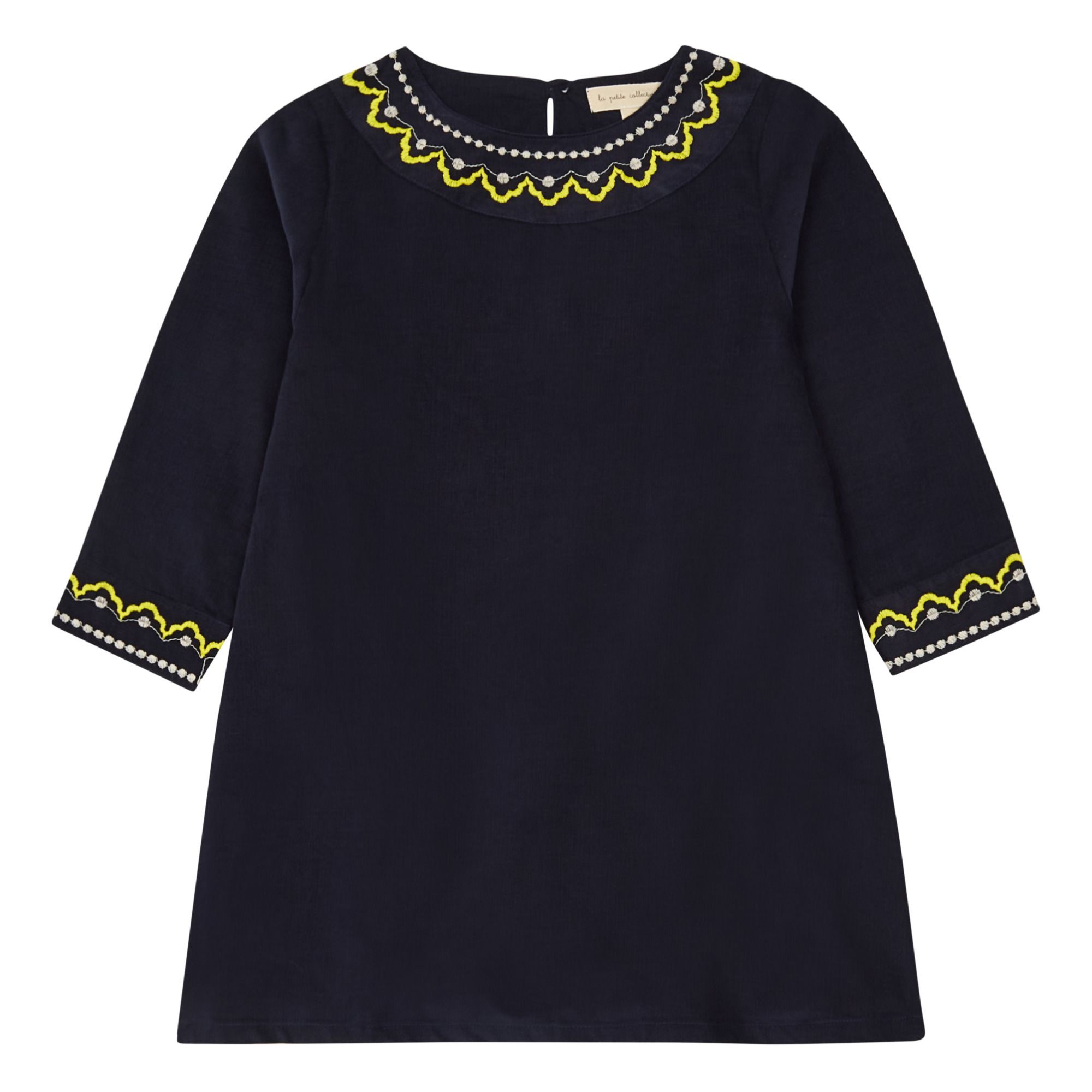 Embroidered Organic Cotton Velvet Dress Navy blue- Product image n°0