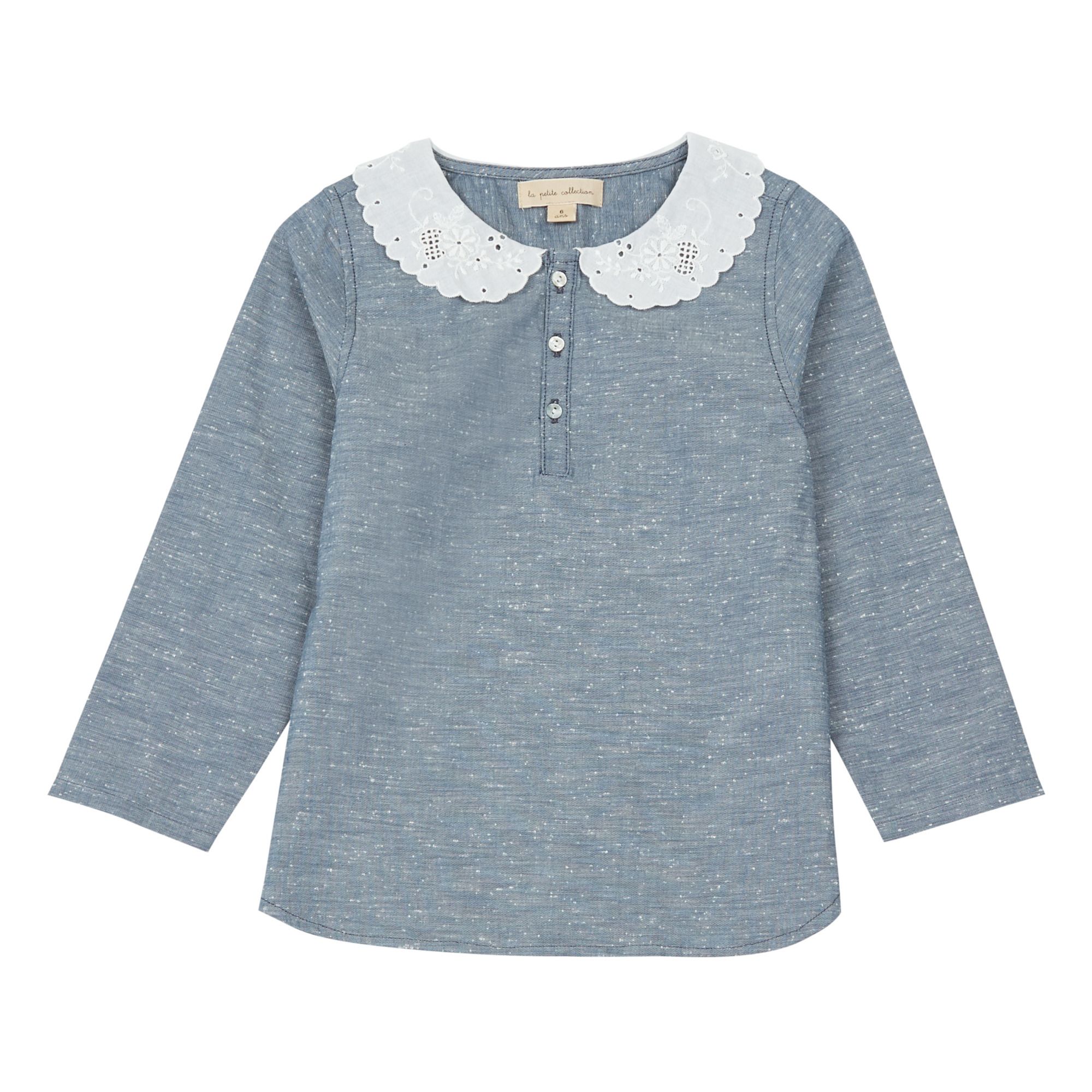 La Petite Collection - Blouse Chambray Coton Bio Col Brodé - Fille - Bleu chiné