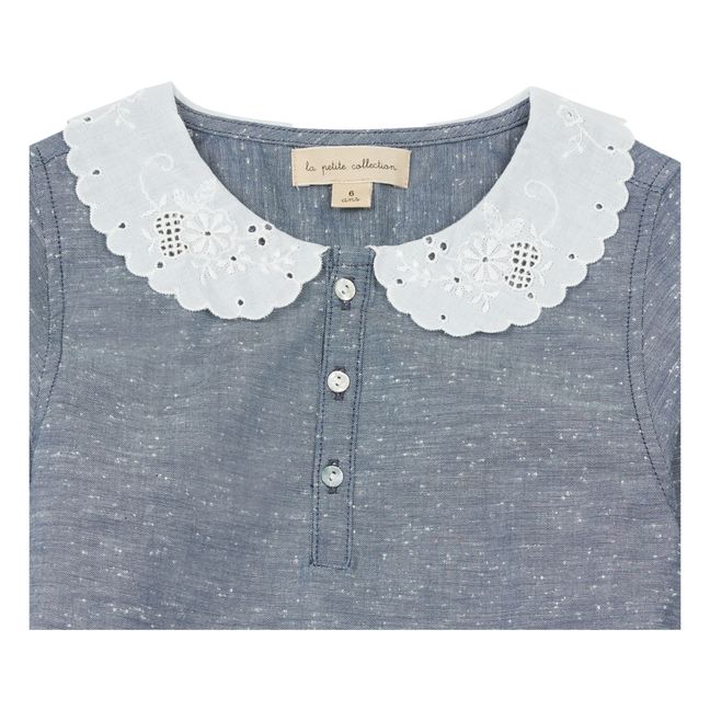 Organic Chambray Blouse with Embroidered Collar Marled blue