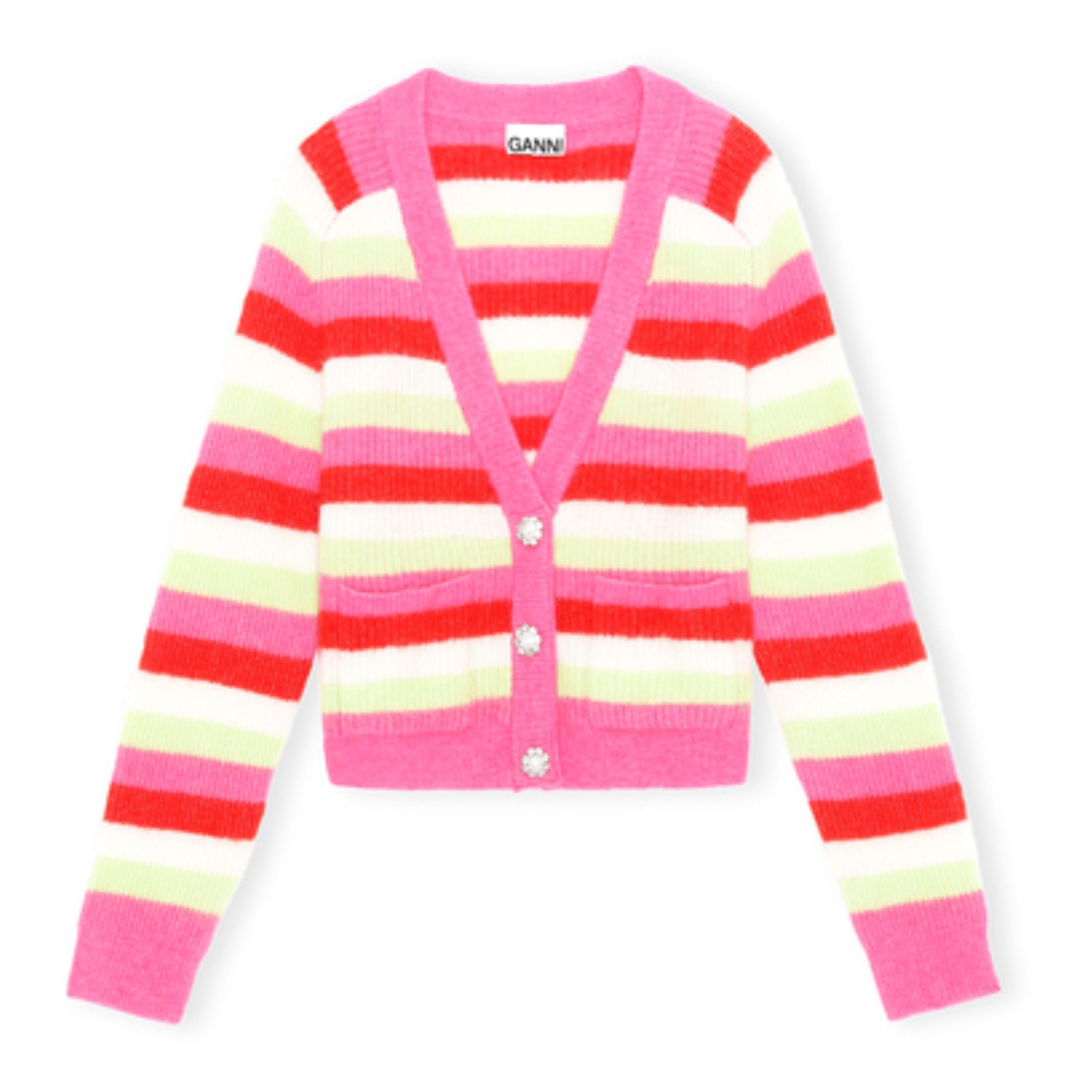 Ganni - Cardigan Rayures Alpaga et Mérinos - Femme - Rose