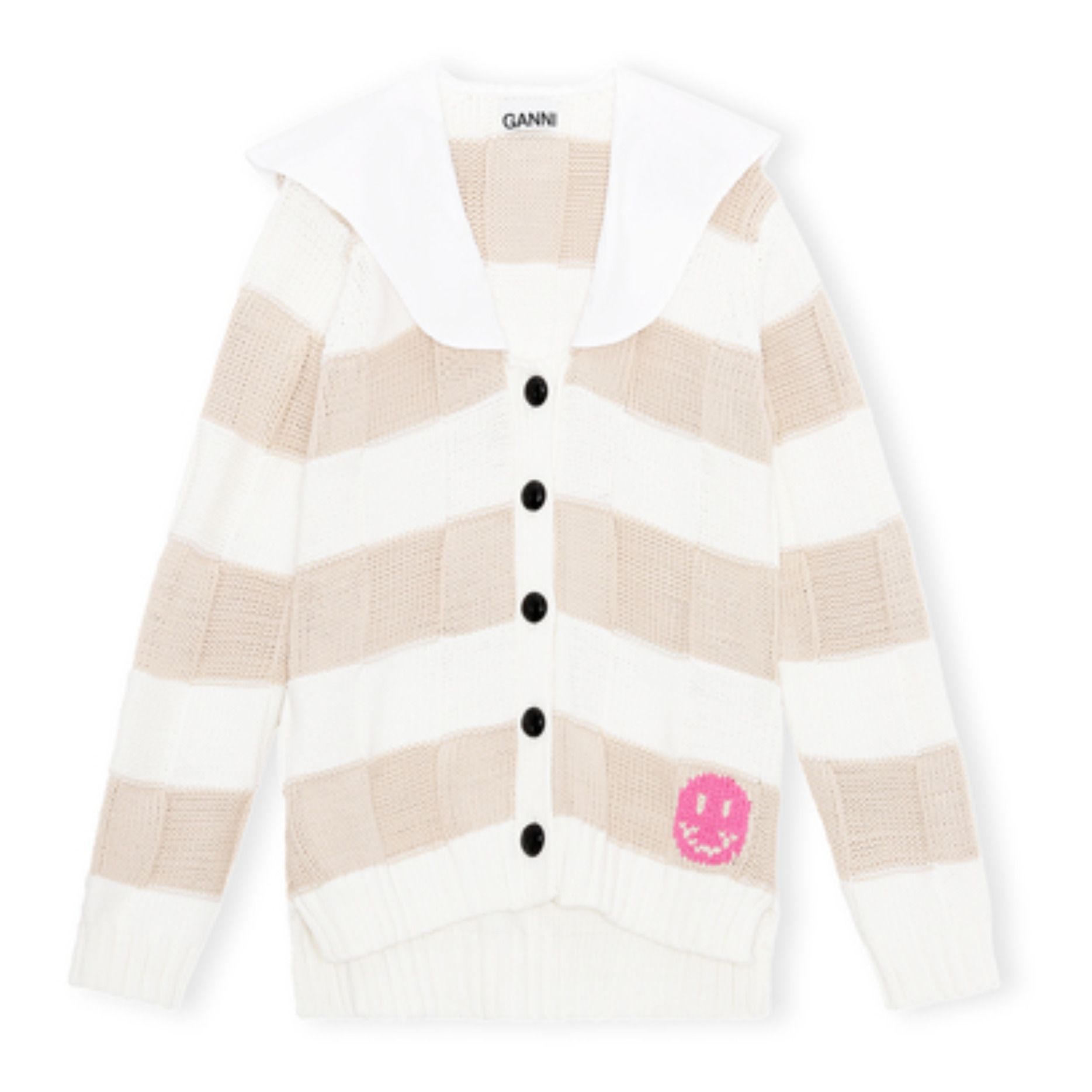 Ganni - Cardigan à Col et Rayures - Femme - Beige