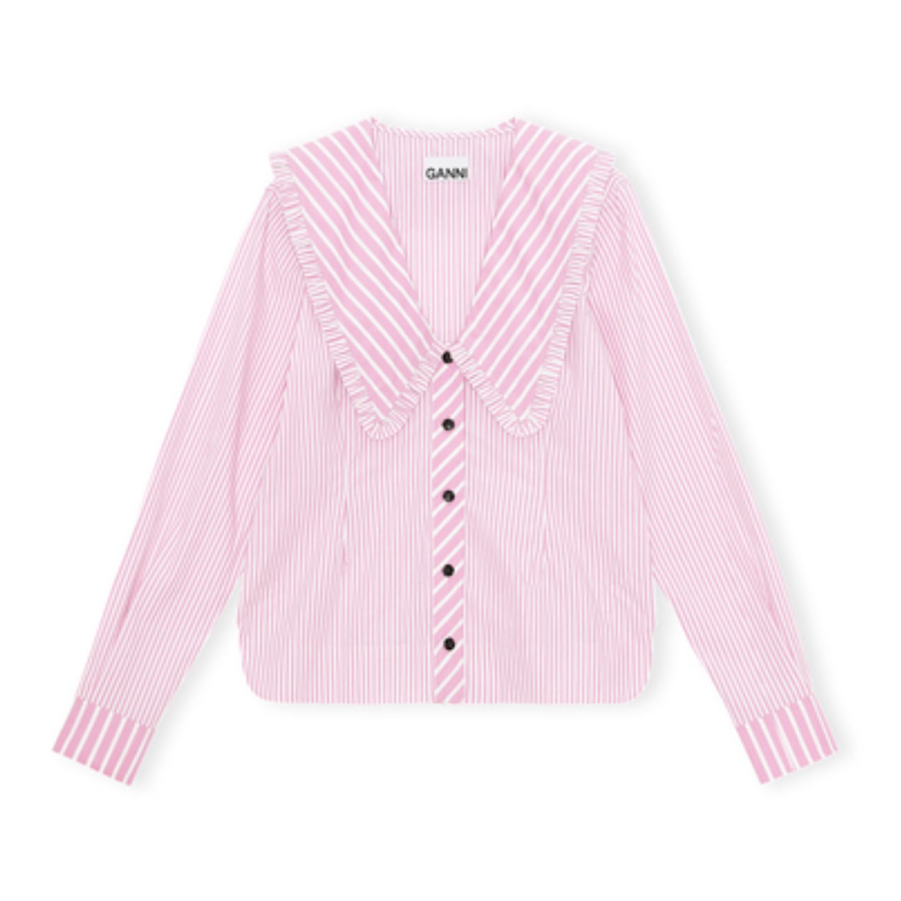 Ganni - Blouse à Col et Rayures Popeline de Coton Bio - Femme - Rose