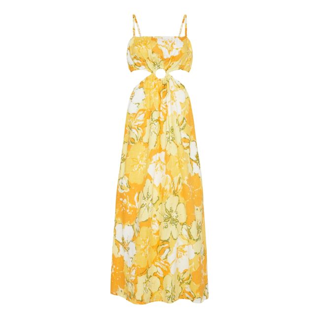 El Rio Floral Print Organic Linen Dress Yellow