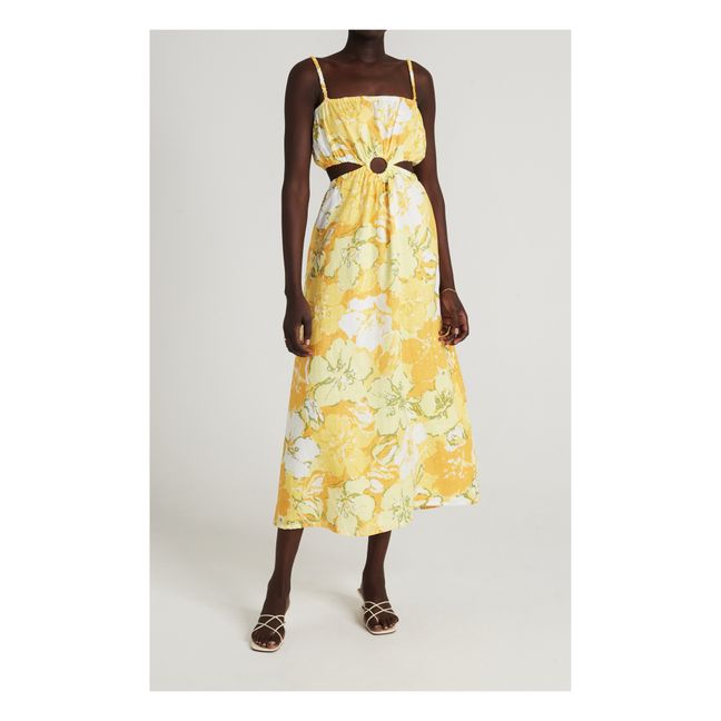 El Rio Floral Print Organic Linen Dress Yellow
