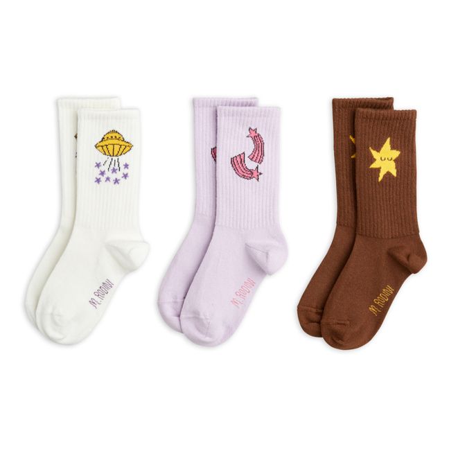 Set of 3 Organic Cotton Star Socks Marrón