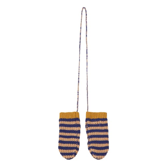 Wool and Cotton Striped Mittens Blau