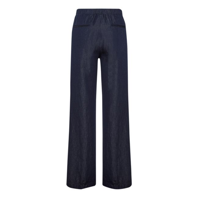 Linen and Cotton Straight-Leg Trousers Blu  indaco
