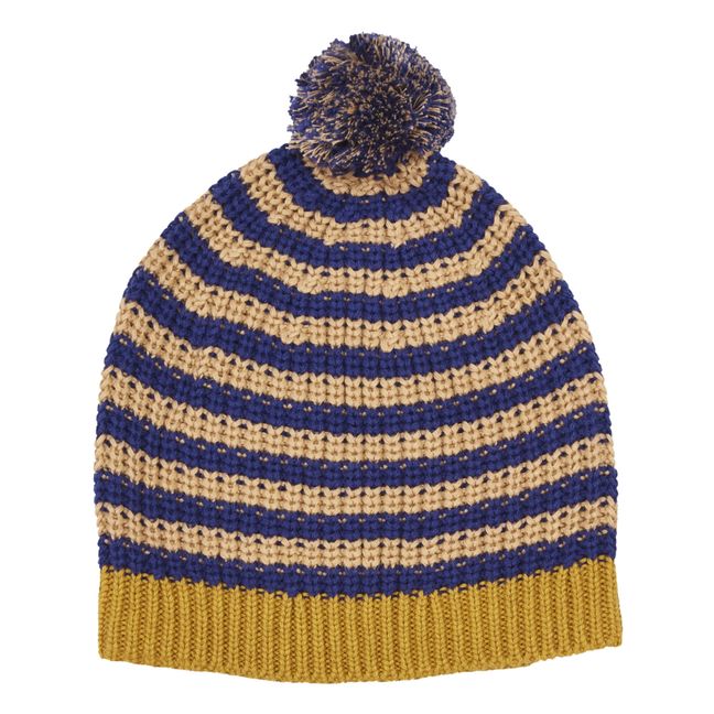 Wool and Cotton Striped Beanie Blue