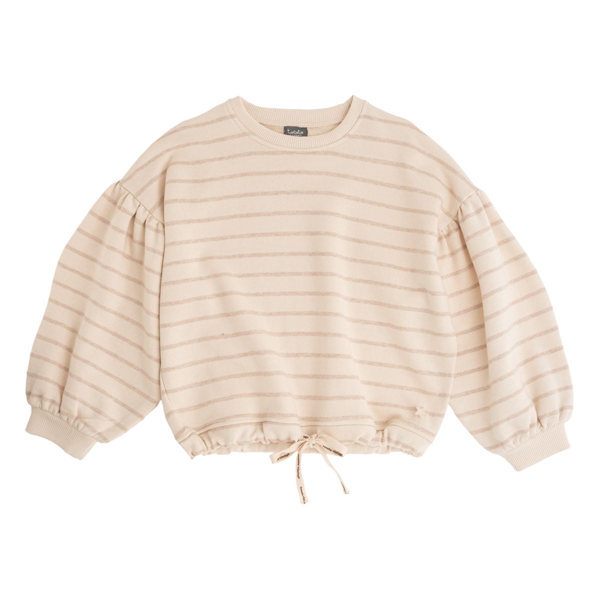Tocoto Vintage - Sweat Coton Bio Rayé Manches Ballons - Fille - Taupe
