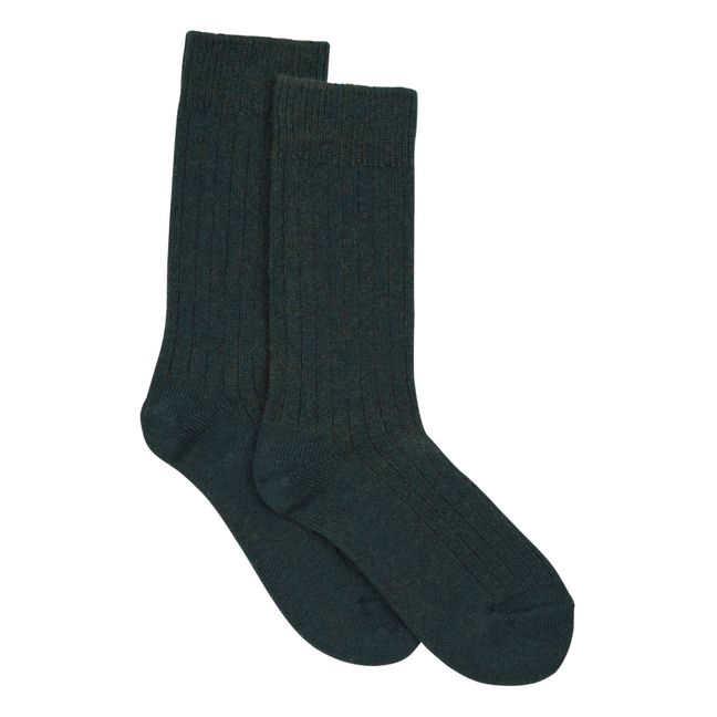 Cotton and Wool Ribbed Socks Verde scuro