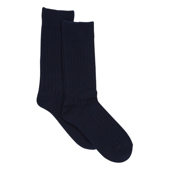 Cotton and Wool Ribbed Socks Blu marino