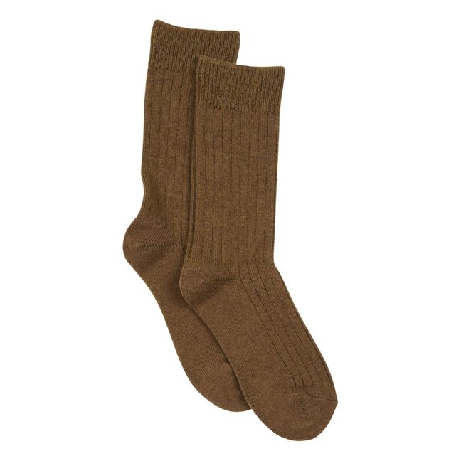Cotton and Wool Ribbed Socks Marrón
