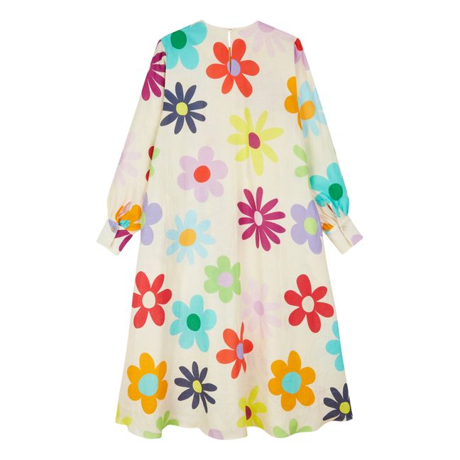Linen Floral Print Dress Ecru
