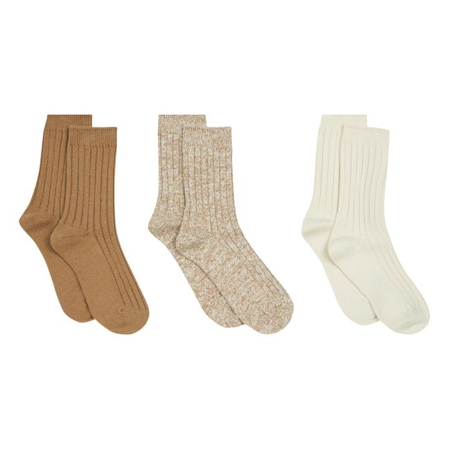 Set of 3 Daily Organic Cotton Ribbed Socks Marrón