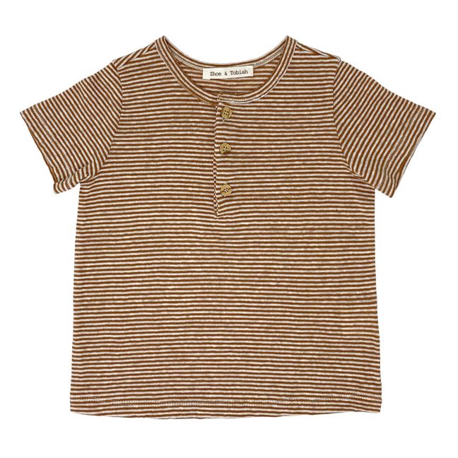 Striped Linen and Cotton Button-Up T-shirt Chocolate