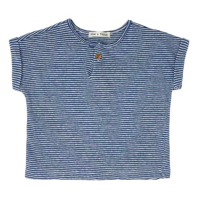 Linen and Cotton Striped Button-Up T-shirt Blue