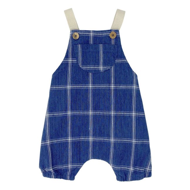 Linen and Cotton Checked Overalls Navy blue