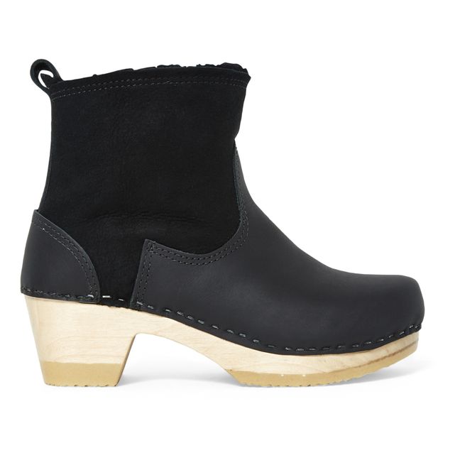 Mid-Heel Shearling-Lined Suede Boots Black