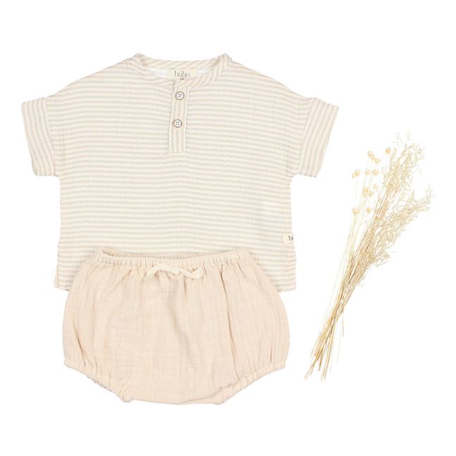Striped Organic Cotton Muslin Baby Kurta Shirt Beige