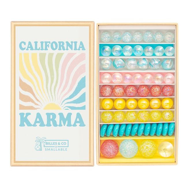 Kasten mit 58 Glasmurmeln California Karma