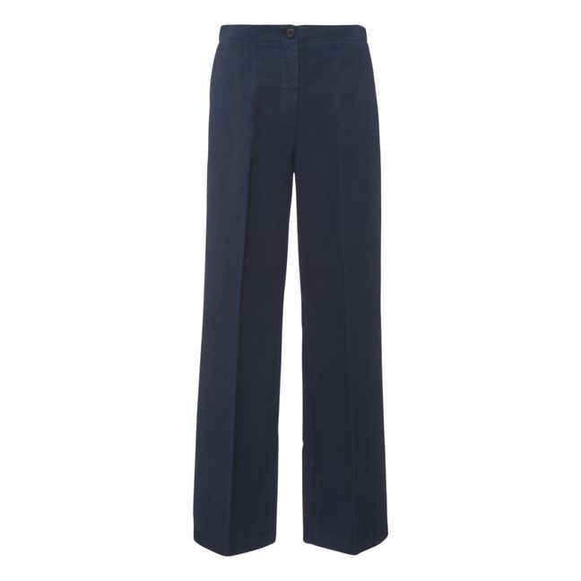 Cotton and Linen Straight-Leg Trousers Navy blue