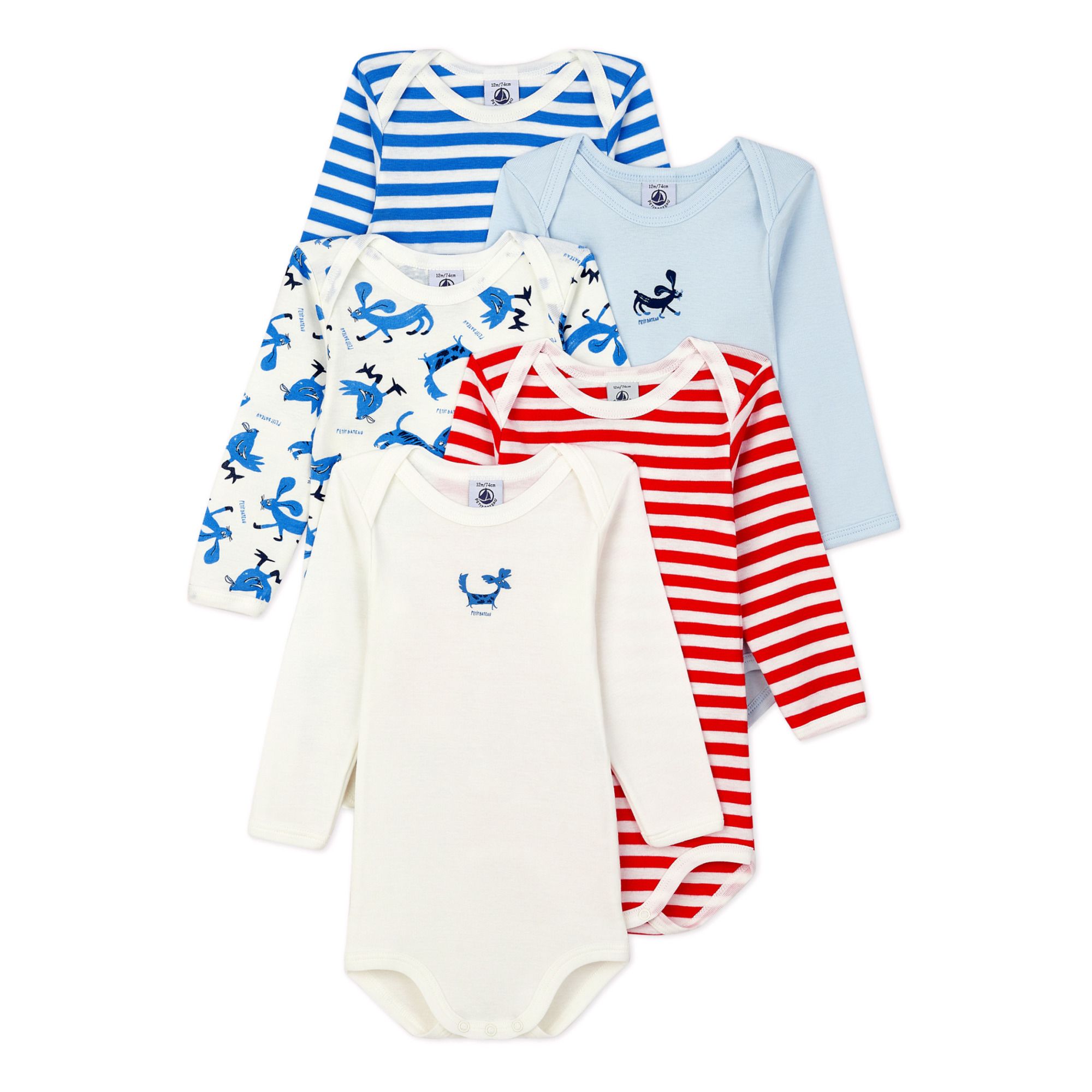 Petit Bateau - Lot 5 Bodies Titou Coton Bio - Fille - Bleu