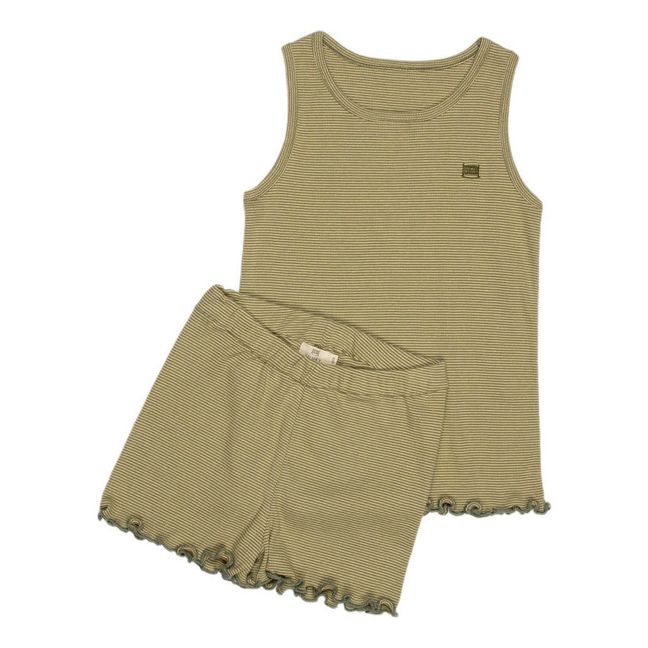 Striped Organic Cotton Curly Hem Pyjama Set | Olive green