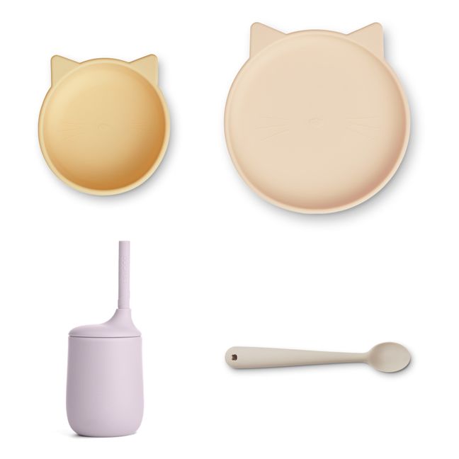 Catchy Cat Tableware Set - 4 pieces | Pale yellow