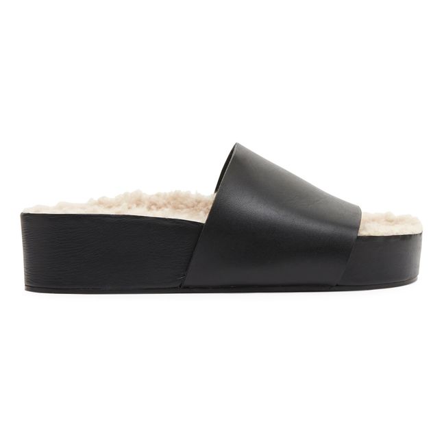 Leather Sherpa-Lined Platform Sandals Black