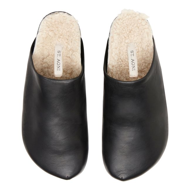 Leather Sherpa-Lined Mules Schwarz