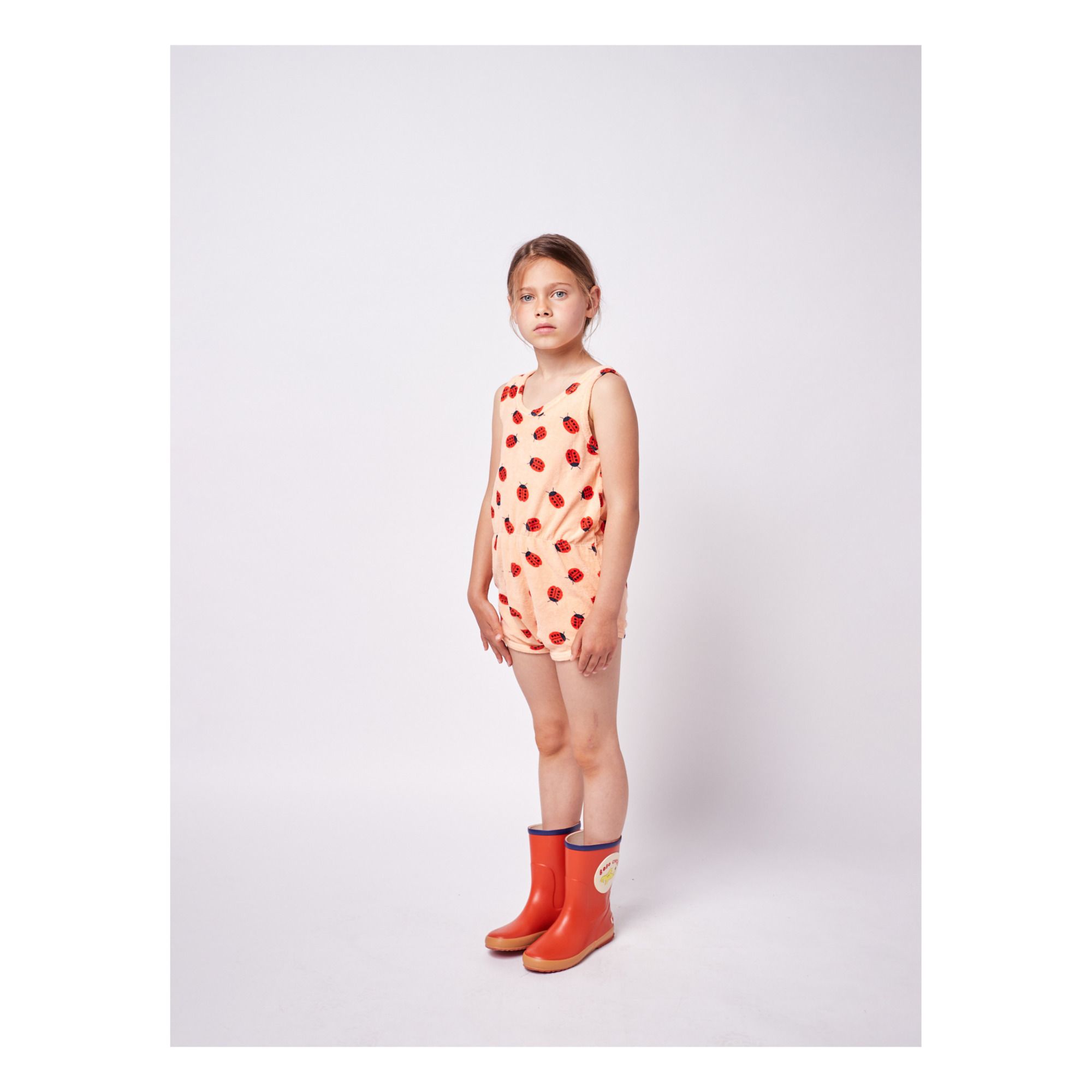Organic Cotton Terry Cloth Ladybird Playsuit Peach- Product image n°2