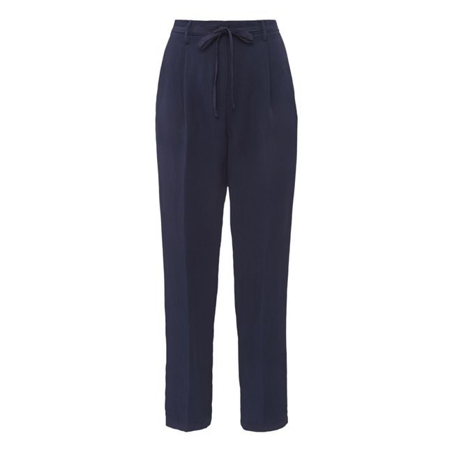 Loose Belted Linen Blend Trousers Blu marino