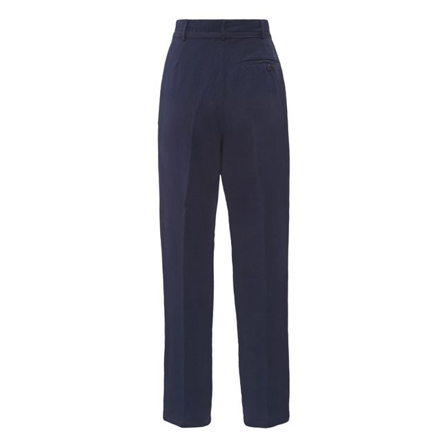 Loose Belted Linen Blend Trousers Blu marino