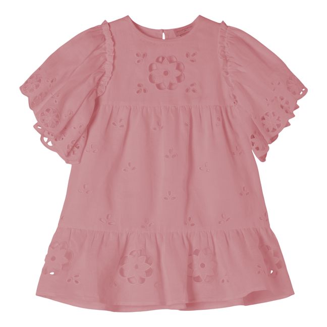 Organic Cotton Ramie Embroidered Frill Dress Pink